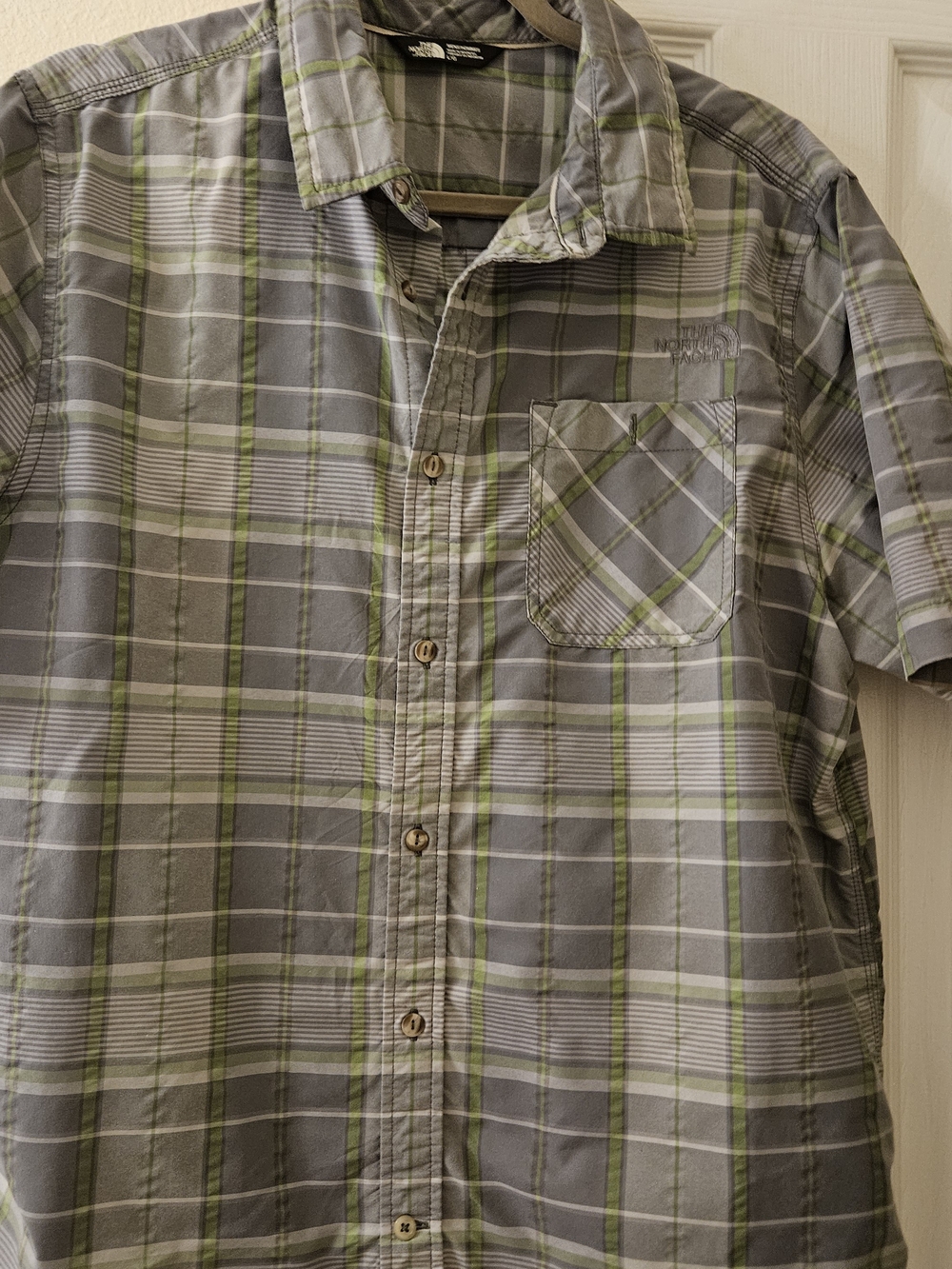 The North Face Gray and Green Plaid Short-Sleeve Button-Down Hiking Camp Shirt